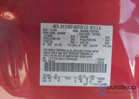 2001 Ford Ranger Edge/Xlt из США, поврежденный, VIN 1FTYR14E21TA40620